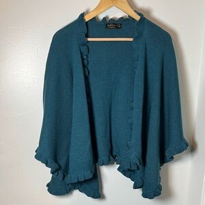 Turquoise Blue 100% fine Alpaca Ruffle Trim Open Cardigan Shaw Sz OS